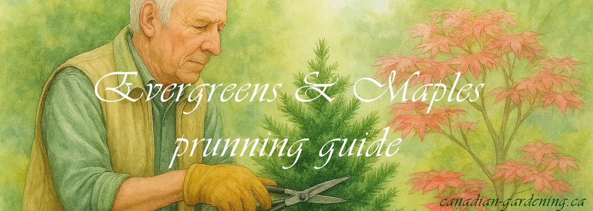 Gardener pruning evergreen and Japanese maple