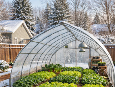 Leafy greens thriving in a cold-climate greenhouse
